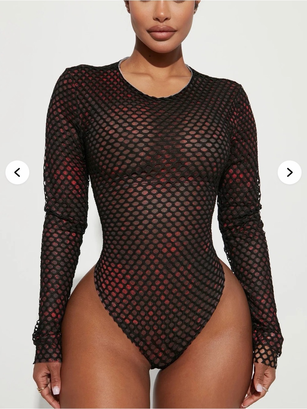 Fashion Nova Black Fishnet Bodysuit with Red Underlay